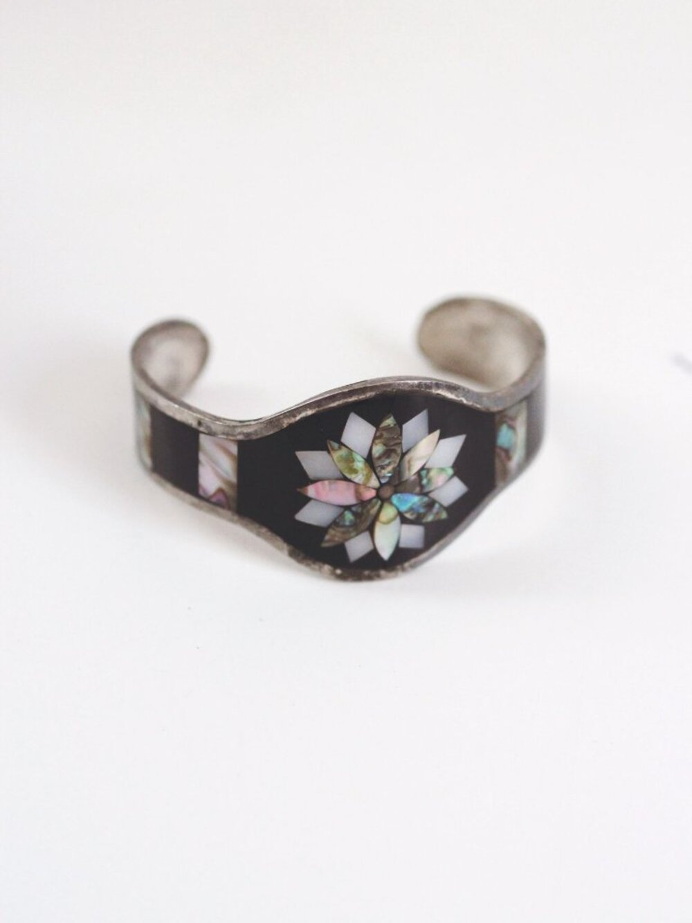 Vintage Alpaca Silver Abalone Mother-Of-Pearl Inlay Cuff Bracelet Enamel Mexico - Picture 4 of 7